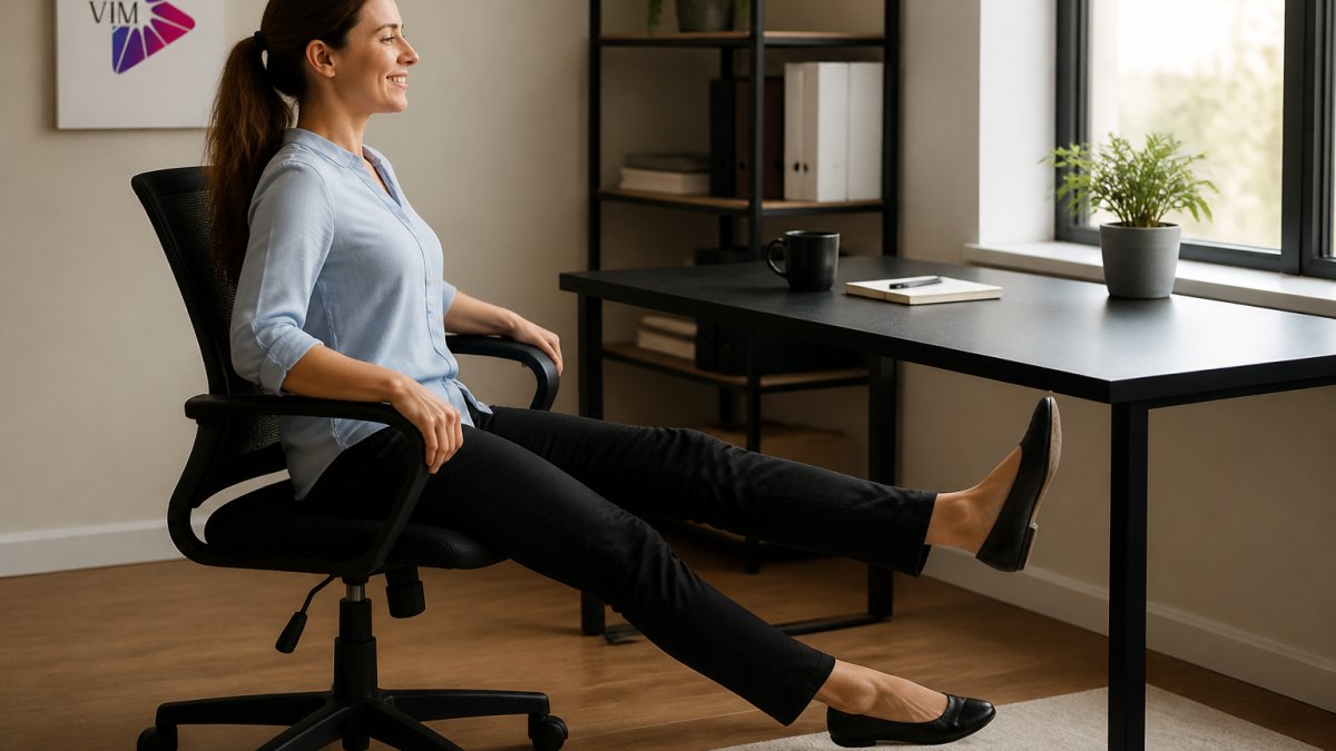 Person performing a seated calf stretch at an office desk with a notebook and mug nearby