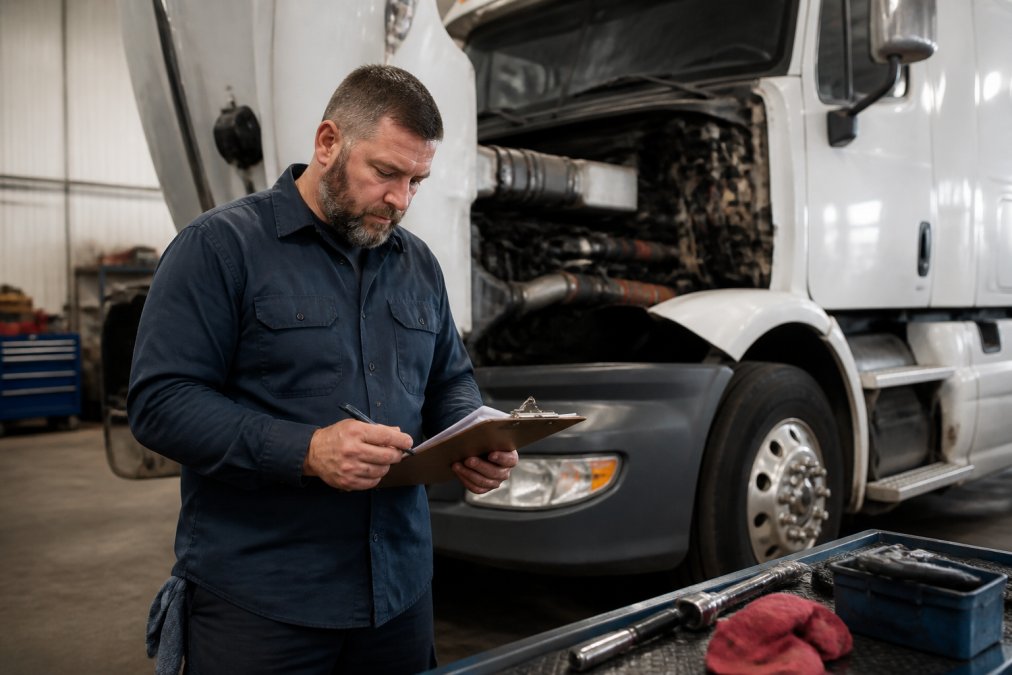 A fleet mechanic in a clean shop reviewing a printed preventive maintenance checklist next to a Class 8 semi-truck with the hood open, holding a clipboard and pen