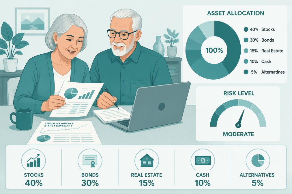 Retired couple reviewing financial documents and investment statements at their dining table with a laptop, looking confident and engaged in discussion