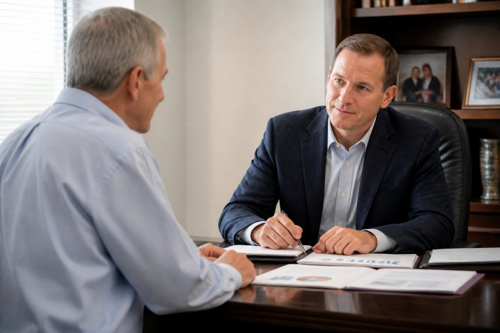Financial advisor meeting with mature client in professional office setting, discussing retirement strategy with calm, reassuring demeanor and visible market data on desk