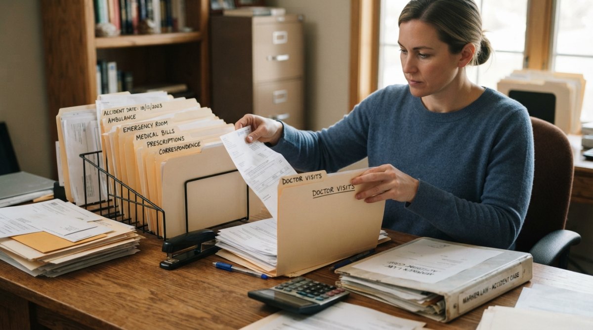 Person organizing medical bills, receipts, and documents on a desk with folders, calculator, and notepad in natural daylight
