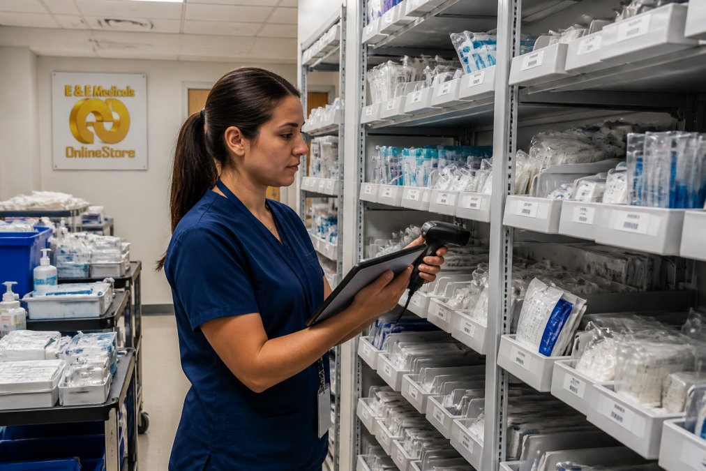 A clinical staff member in scrubs holding a tablet and scanning a shelf of medical supplies in a well-organized urgent care storage room, overhead fluorescent lighting, labeled bins visible