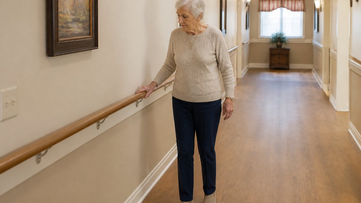 Older adult holding onto a sturdy wooden handrail while standing in a well-lit hallway with clear, uncluttered flooring and neutral-colored walls
