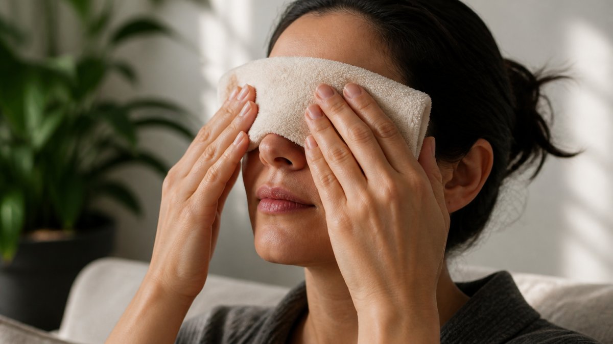 Close-up of hands gently applying a warm compress to closed eyes, showing proper technique with a soft cloth and natural lighting