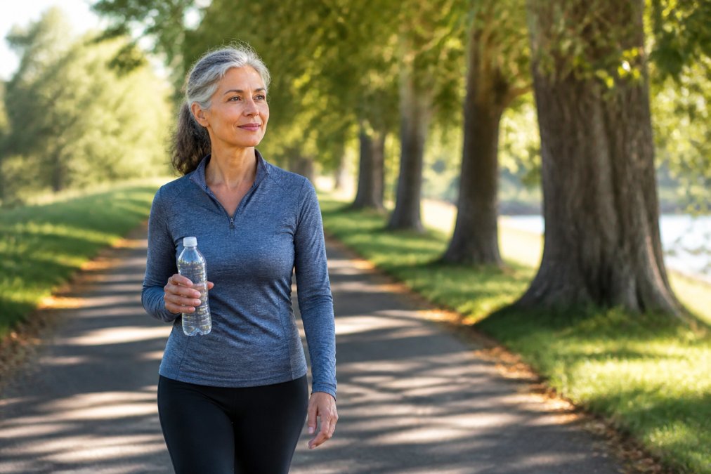 A woman in her 50s walking outdoors on a sunny tree-lined path, wearing comfortable athletic clothes and smiling gently, with a water bottle in hand