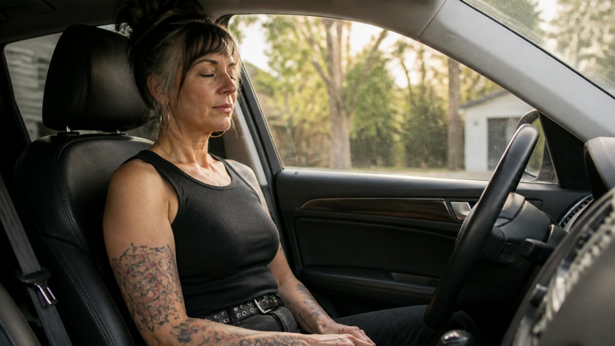 A woman in her late 40s sitting alone in a parked car in a driveway, eyes closed, hands resting in her lap, soft late afternoon light through the windscreen