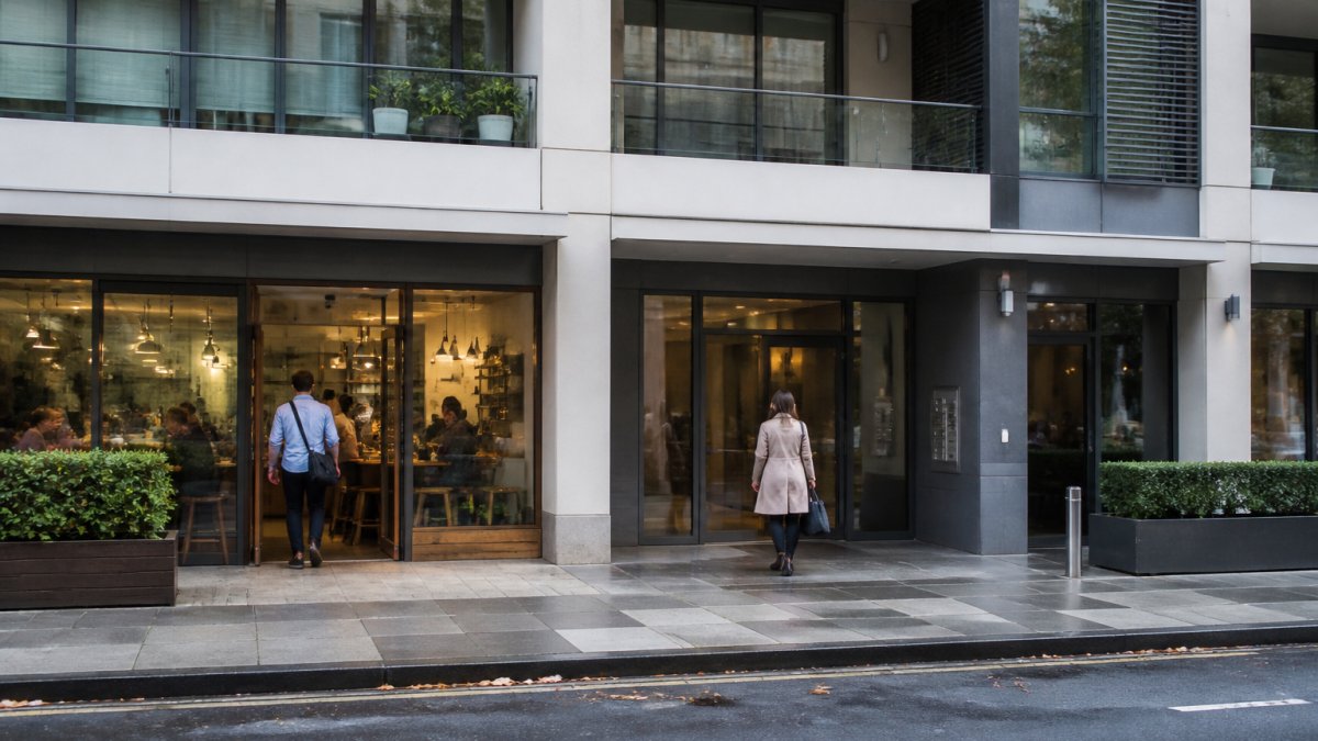Mixed-use building exterior showing residential apartments on upper floors and commercial storefronts at street level, with residents and business owners entering different entrances