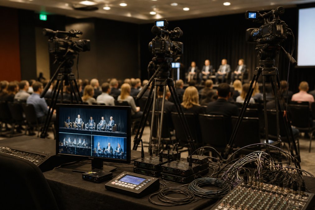 Professional illustration showing multi-speaker live stream