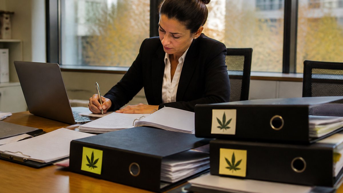 A compliance officer at a desk covered with state-specific regulatory binders and a laptop showing a multi-column checklist, with sticky notes marking different jurisdictions