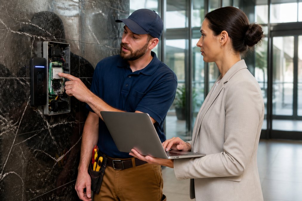 Technician and manager configuring a multi tenant building security access panel in a commercial lobby