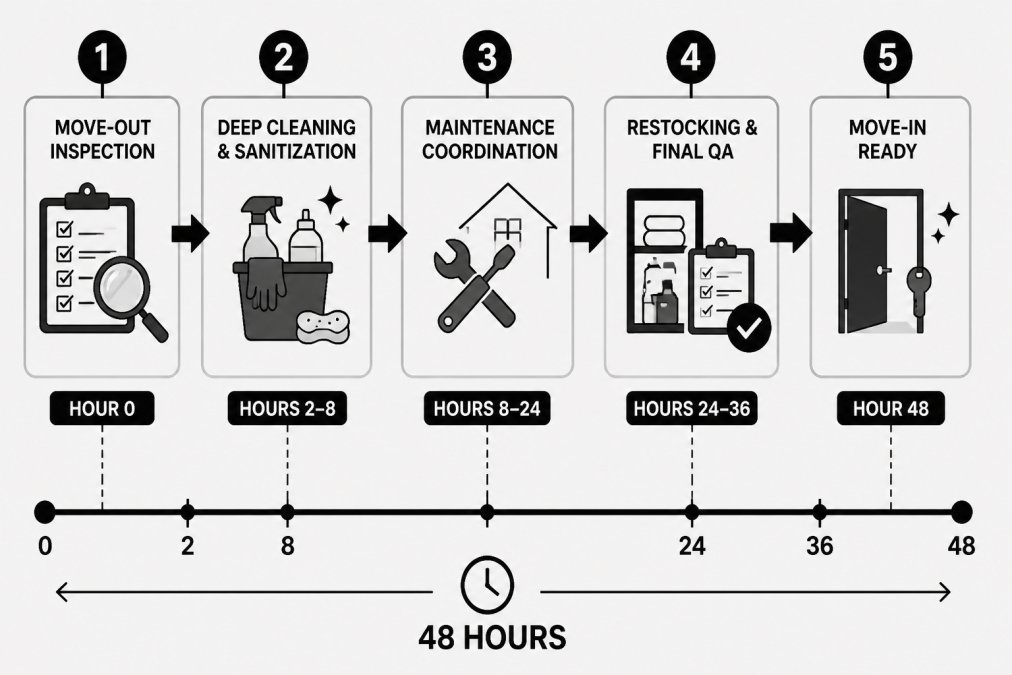 48-hour infographic timeline for turnover cleaning schedules from move-out inspection to unit move-in ready.