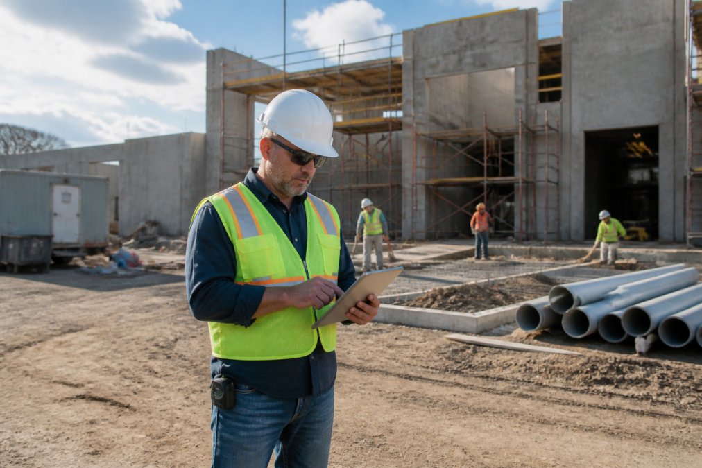Project manager reviewing plans and notes on a tablet while walking through an active construction site with multiple contractors working in the background, natural outdoor lighting