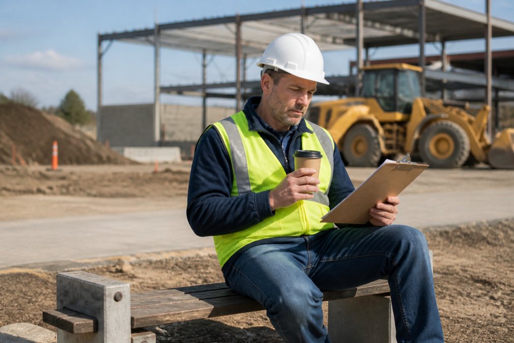 Construction site supervisor taking a break, sitting on a bench with coffee, reviewing project schedule on a clipboard with calm expression and natural outdoor lighting