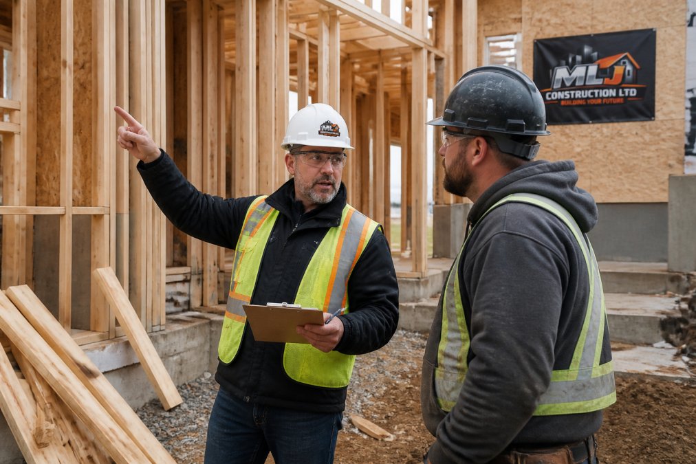 Site supervisor in hard hat and safety vest conducting quality inspection on active residential construction site, examining framing and speaking with subcontractor crew member