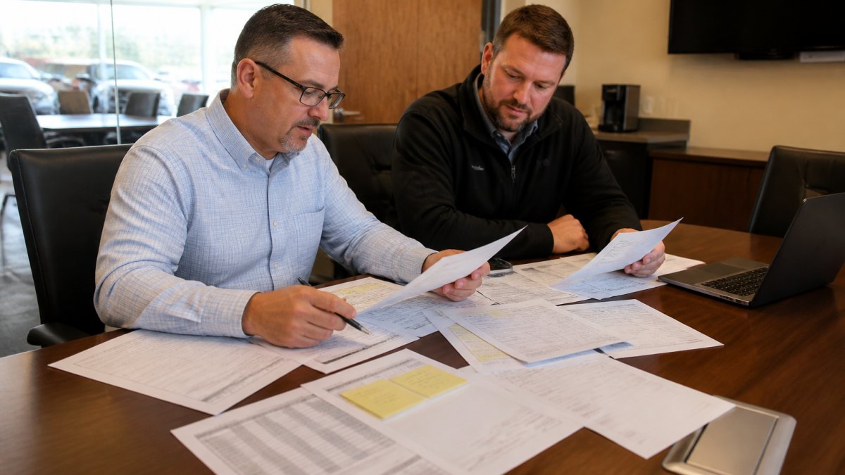 A dealership controller and IT manager reviewing printed vendor invoices and contract pages spread across a conference room table, with a laptop open to a DMS billing screen, warm overhead lighting
