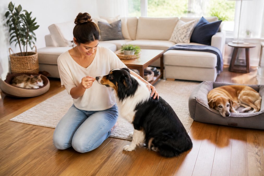 Pet owner sitting on floor giving individual attention and treats to one dog while other pets rest in separate areas of the home