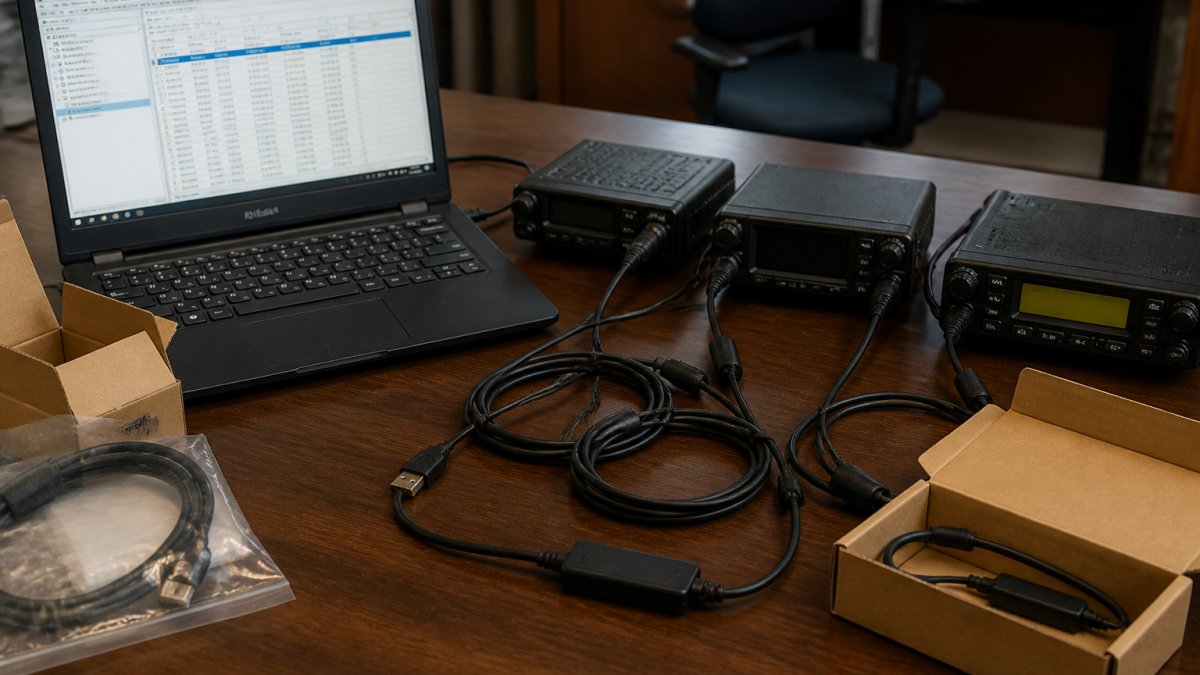 Radio operator desk with transceivers connected to software for managing multiple radios with one software.