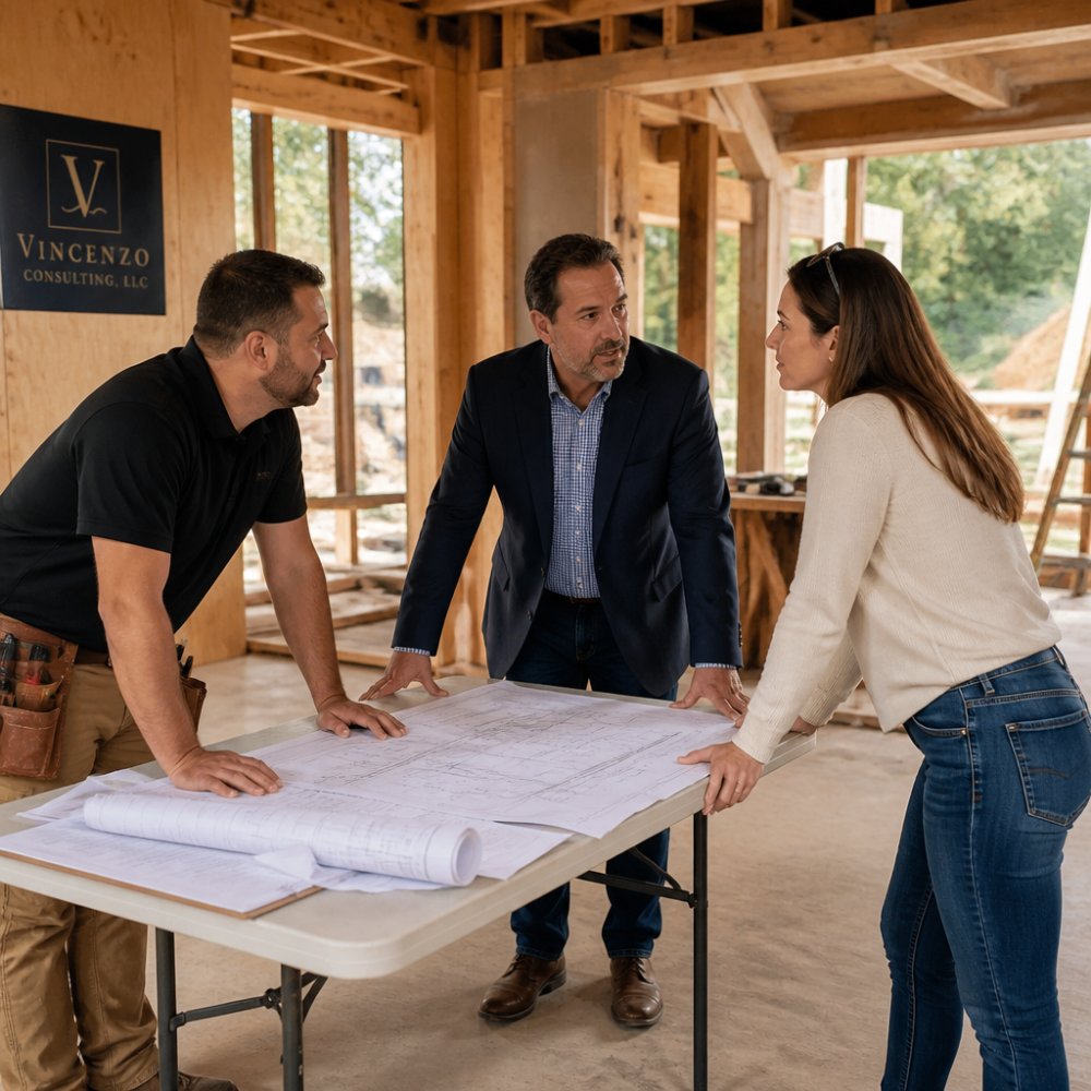 A construction project manager mediating a tense meeting between a contractor and a homeowner in a partially built luxury home, blueprints spread across a folding table, both parties leaning in with engaged expressions, natural daylight through unfinished window frames