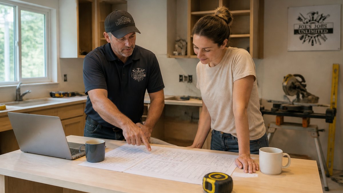 A general contractor and a homeowner reviewing a printed renovation schedule on a kitchen island, with a laptop, tape measure, and coffee cups nearby, unfinished cabinets and tools visible in the background