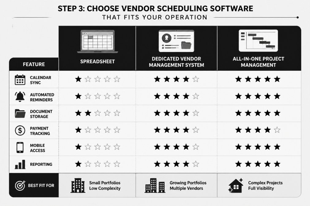 Comparison matrix evaluating features of software tools for managing vendor schedules