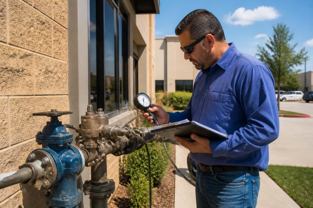 Certified backflow tester checking a valve assembly for backflow reporting compliance near a commercial building