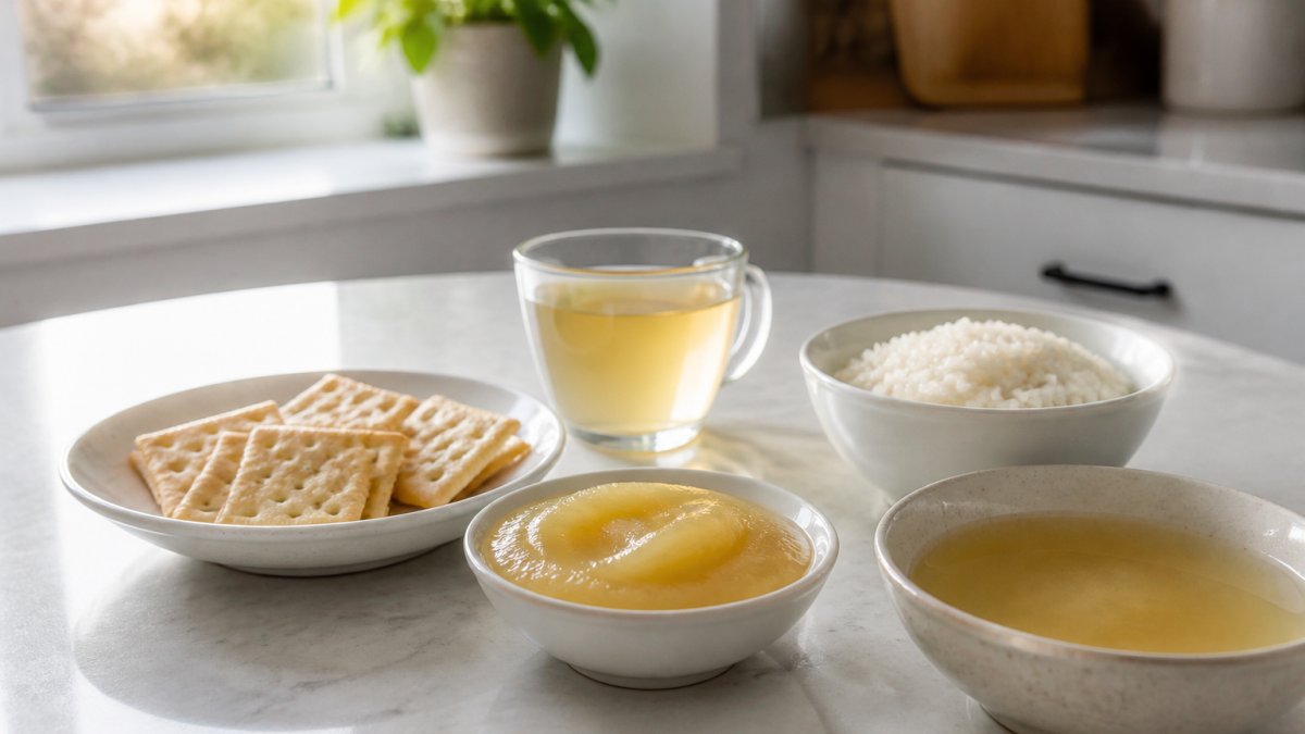 Clean kitchen counter with small bowls containing nausea-friendly foods like plain crackers, white rice, ginger tea in a clear mug, applesauce, and plain broth, with soft natural morning light streaming through a window