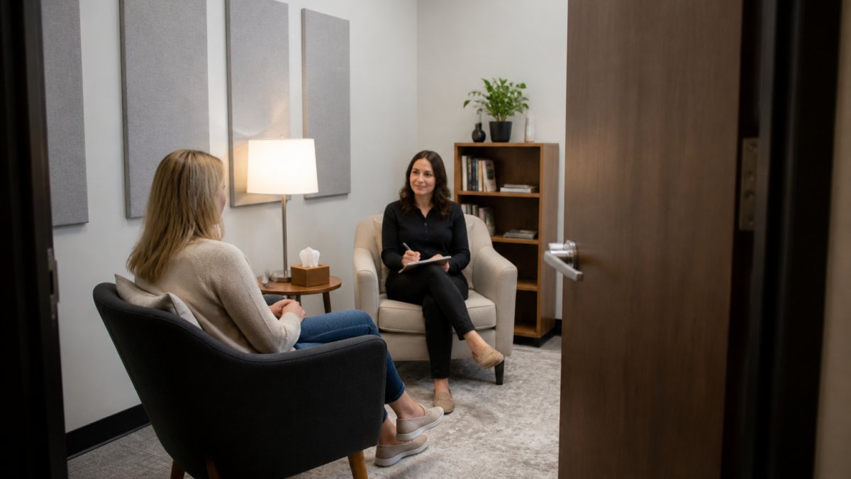 Therapist and client in a quiet office with acoustic panels to block office noise
