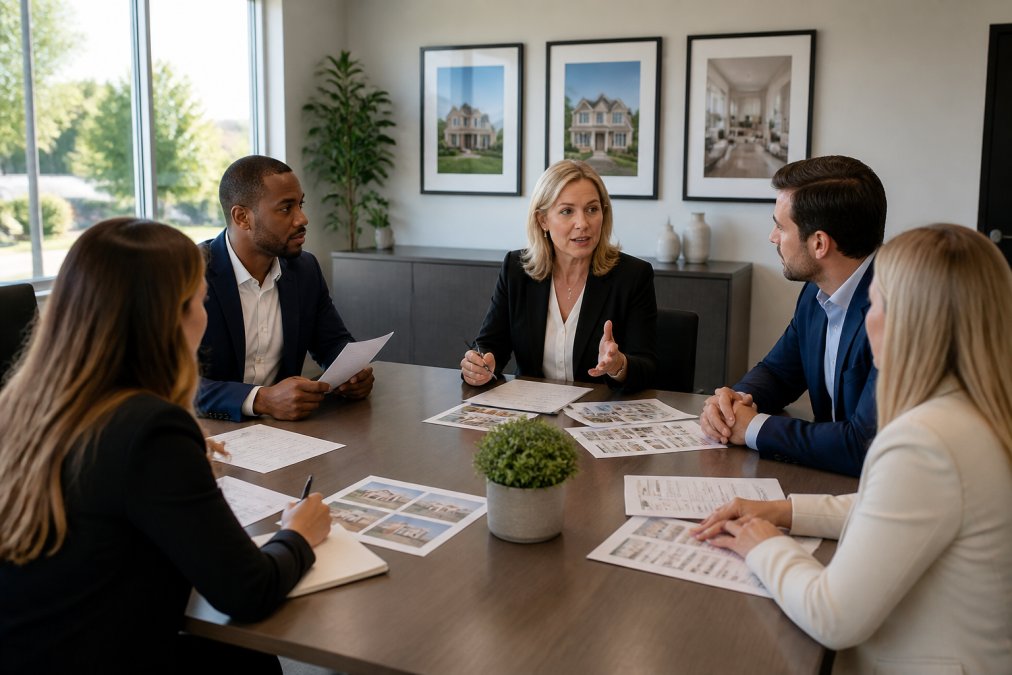 Professional real estate broker leading a team meeting with agents reviewing open house assignments and buyer pipeline strategies in a modern office setting with natural light