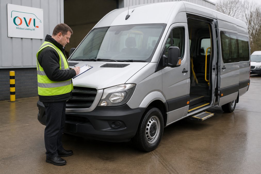 A care home transport driver in a high-visibility vest performing a pre-journey walkaround check on an accessible minibus, clipboard in hand, in a clean vehicle bay on an overcast British day
