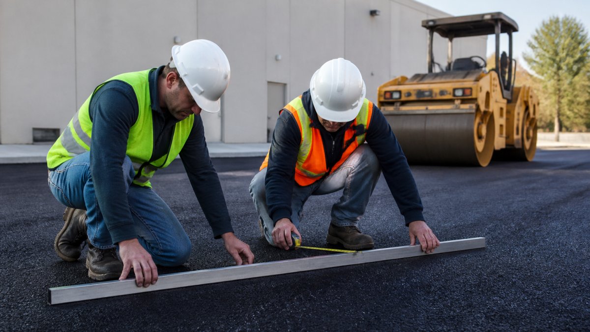 Two construction supervisors in hard hats and safety vests examining a freshly paved asphalt surface with a straightedge and measuring tape on a commercial jobsite, roller parked in the background
