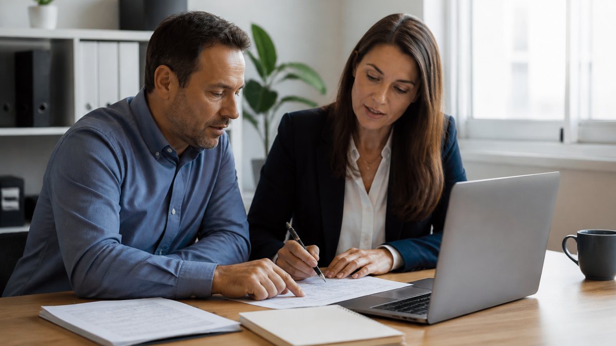 A small business owner and an HR consultant reviewing payroll paperwork together at a desk with a laptop showing employee records, natural window light in a quiet office