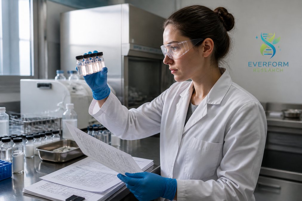 Research scientist examining multiple peptide vials against light whilst reviewing printed documentation and quality control certificates in a modern laboratory with stainless steel equipment and digital displays visible
