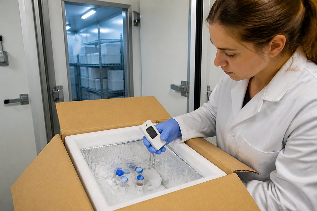 Managing Peptide Supply Chain Risks: A 2026 Guide Lab technician checking a temperature logger in a peptide supply chain shipment