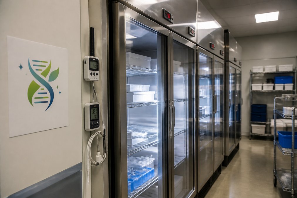 Temperature-controlled pharmaceutical storage facility with multiple stainless steel refrigerated units displaying digital temperature readouts, humidity monitors, and data logging equipment in a climate-controlled warehouse environment