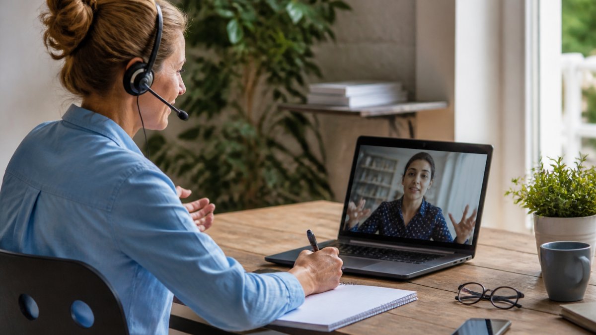 A manager sitting at a desk with a headset, having a calm video call with a remote team member on screen, notebook and pen at hand in a bright home office