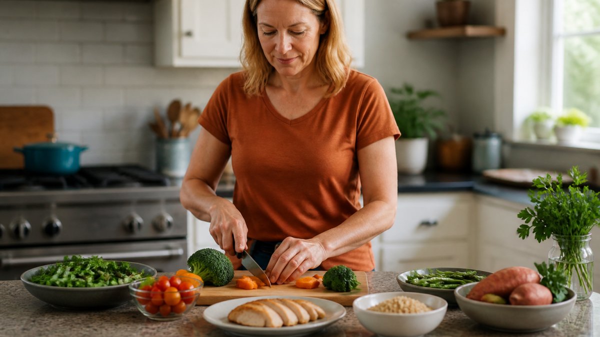Woman preparing a balanced meal with vegetables, lean protein, and whole grains at a kitchen counter, demonstrating healthy eating habits