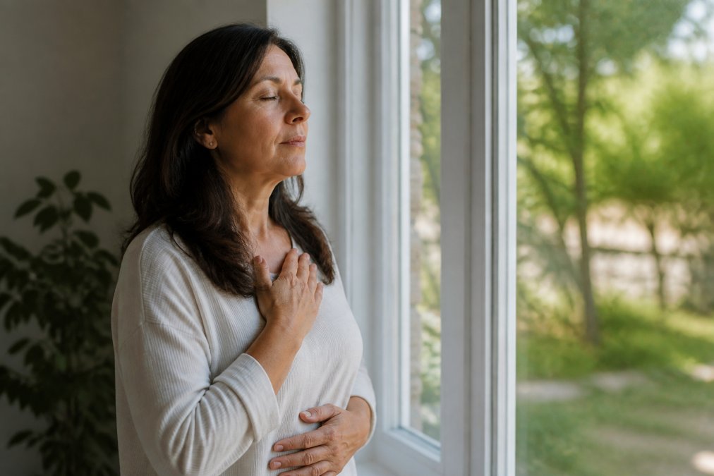 Woman taking a deep breath outdoors near a window, looking calm and centered with peaceful natural light and quiet surroundings