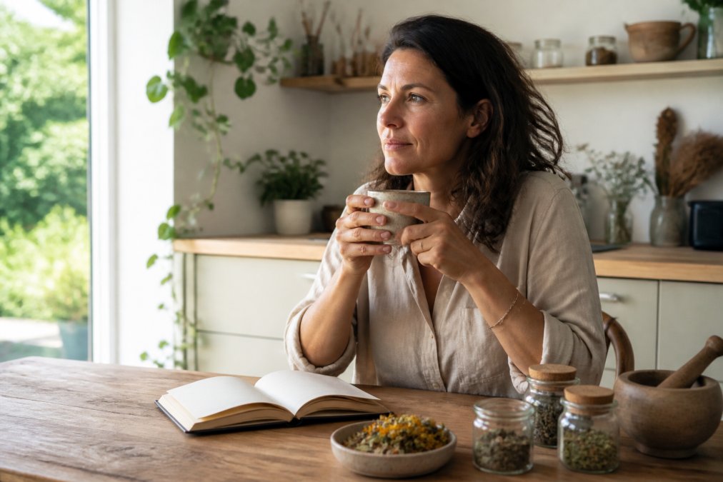 A woman in her 40s sitting at a kitchen table with a cup of herbal tea, a small bowl of dried herbs, and a notebook, looking calm and focused