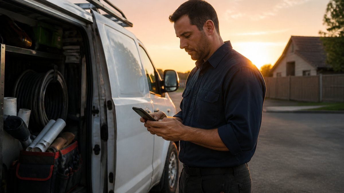 Plumber checking real-time job details on a mobile device while managing plumbing field teams remotely