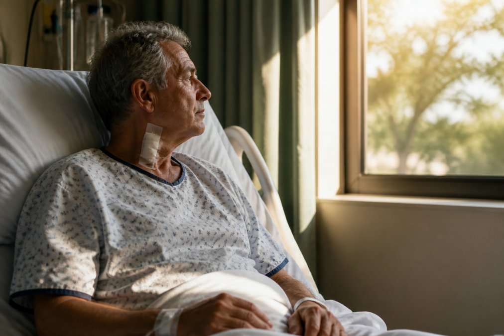 A heart surgery patient sitting upright in a hospital bed, looking out a sunlit window with a quiet, reflective expression, soft morning light casting warm shadows across the room