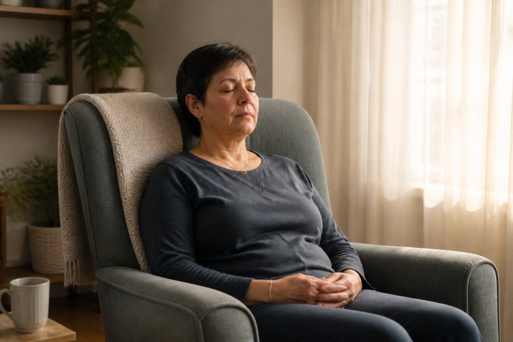 A middle-aged adult sitting comfortably in a cushioned armchair at home, eyes closed in a calm breathing exercise, hands resting gently in their lap, warm afternoon light filtering through sheer curtains