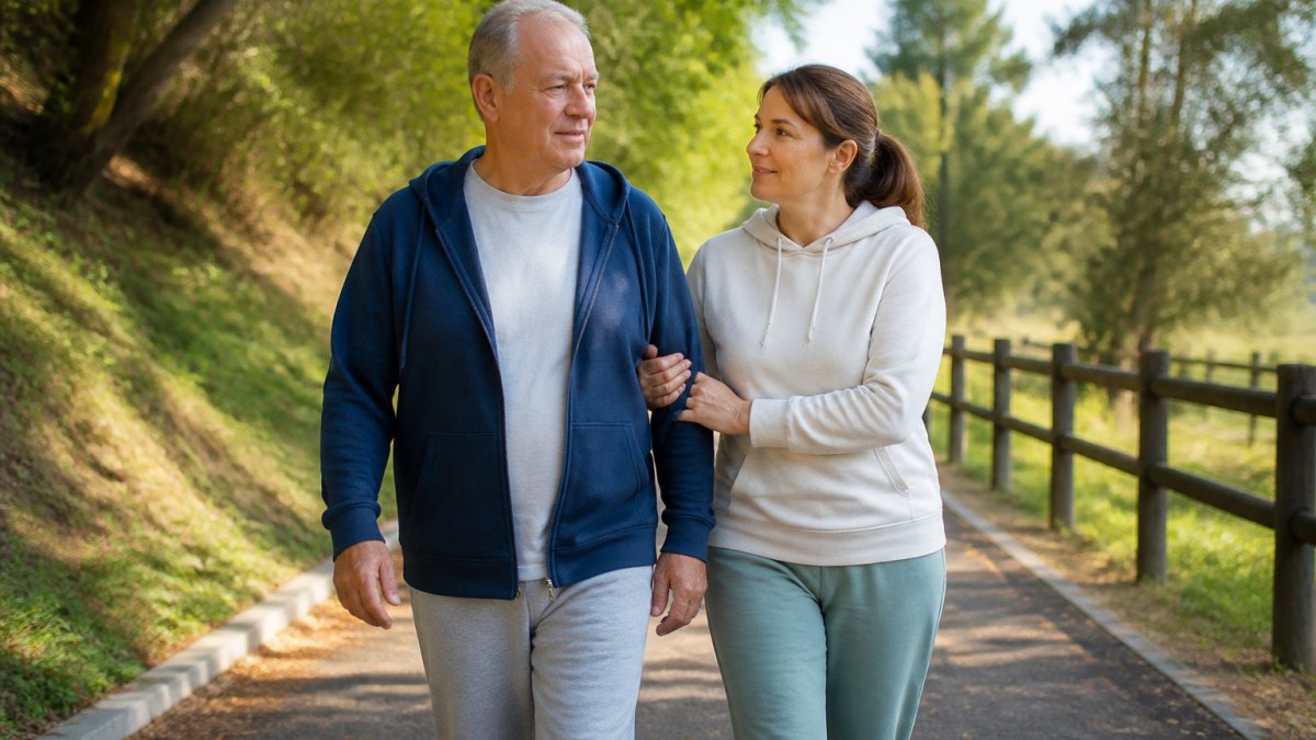 Heart surgery patient walking slowly on a sunny outdoor path with a caregiver nearby