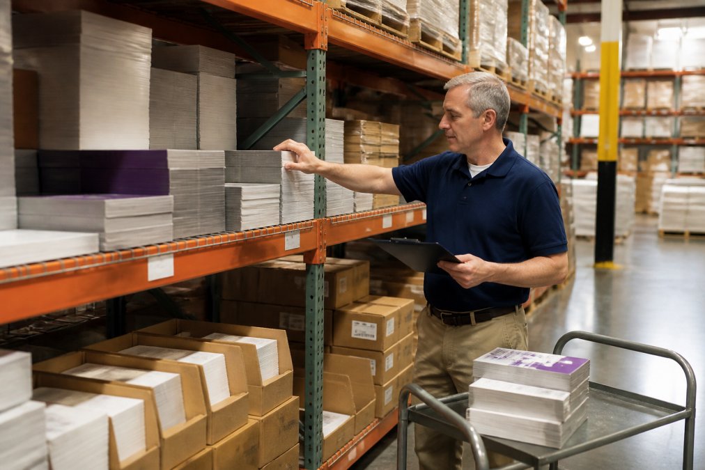 Warehouse team member organizing stacked boxes of printed retail materials on industrial shelving, with organized inventory bins and shipping labels visible in well-lit distribution center