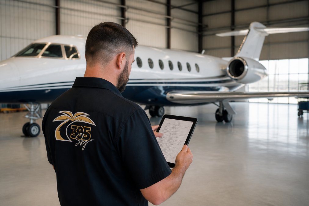 A technician in a clean, well-lit hangar holding a tablet displaying an aircraft maintenance log, with a private jet visible in the background