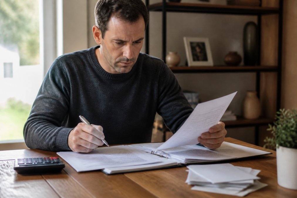 Adult child sitting at a desk with legal documents, a pen, and a calculator, reviewing probate paperwork with focused concentration under warm desk lighting