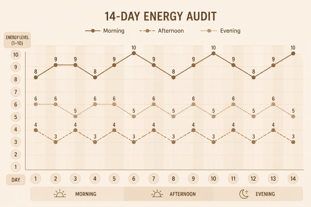 Line chart showing a 14-day energy audit example, with daily energy ratings from 1-10 plotted across morning, afternoon, and evening, showing recurring peaks near 9-10 in mid-morning and crashes to 3-4 in early afternoon
