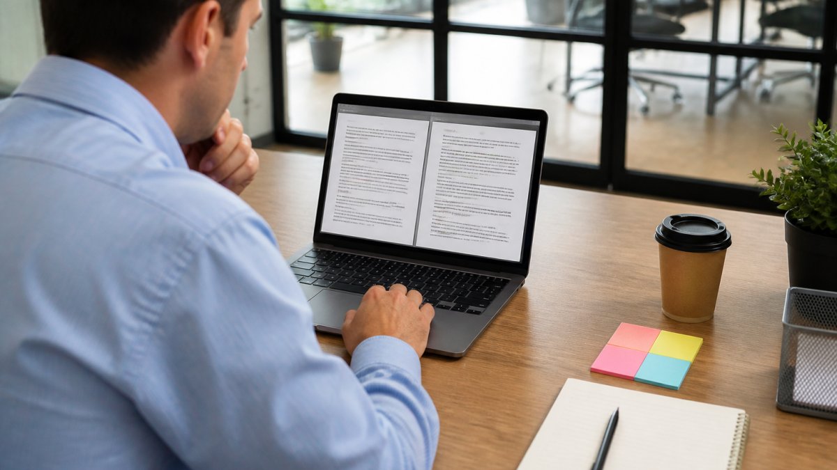 A project manager at a desk reviewing a laptop screen with a side-by-side document comparison open, sticky notes and a notebook nearby, bright office setting