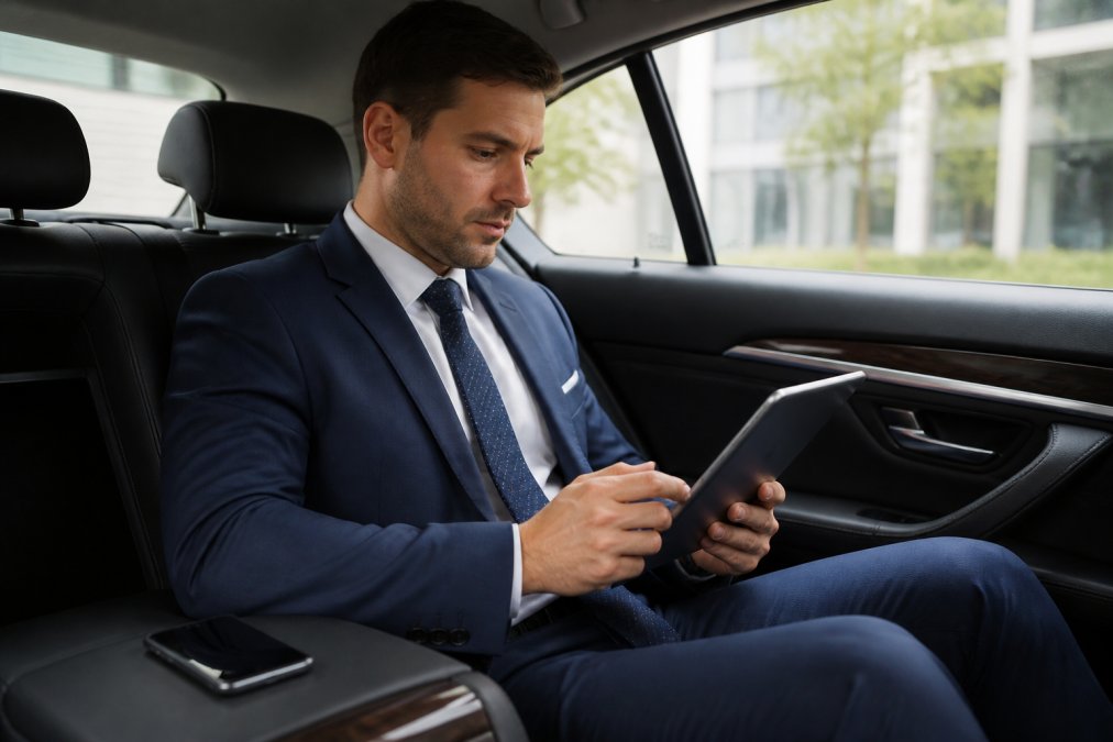 A business traveler in professional attire reviewing a digital itinerary on a tablet while seated in the back of a luxury sedan, with a smartphone showing a travel app nearby, soft daylight through the window