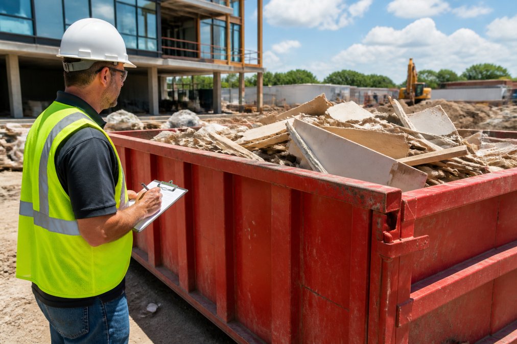 A property manager wearing a hard hat and holding a clipboard stands beside a roll-off dumpster on a commercial construction site, observing the debris level inside on a bright afternoon