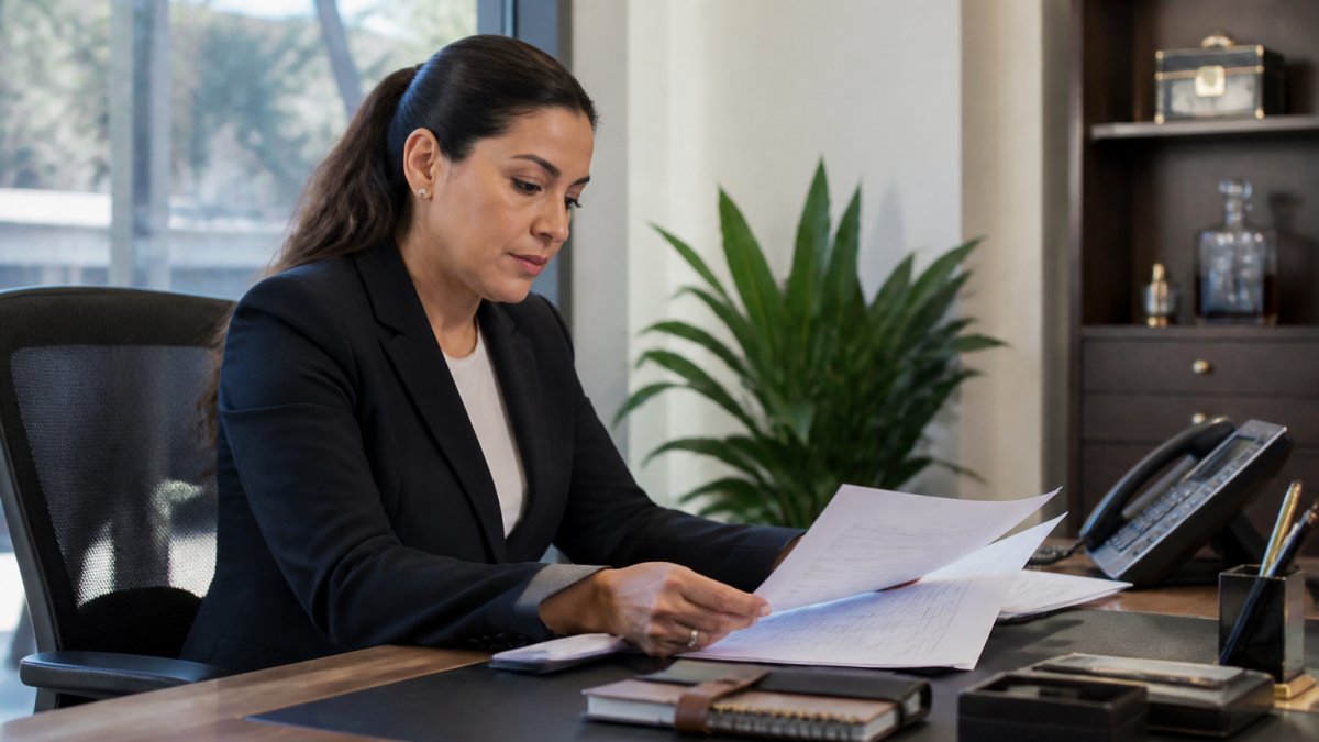 Executive assistant at desk reviewing travel preferences on computer screen with calendar and booking system visible, natural office lighting